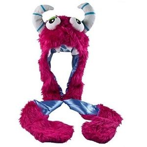 Pink fuzzy monster hat with attached gloves